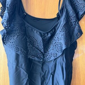 Black Ruffled Swimsuit with Eyelet Detail